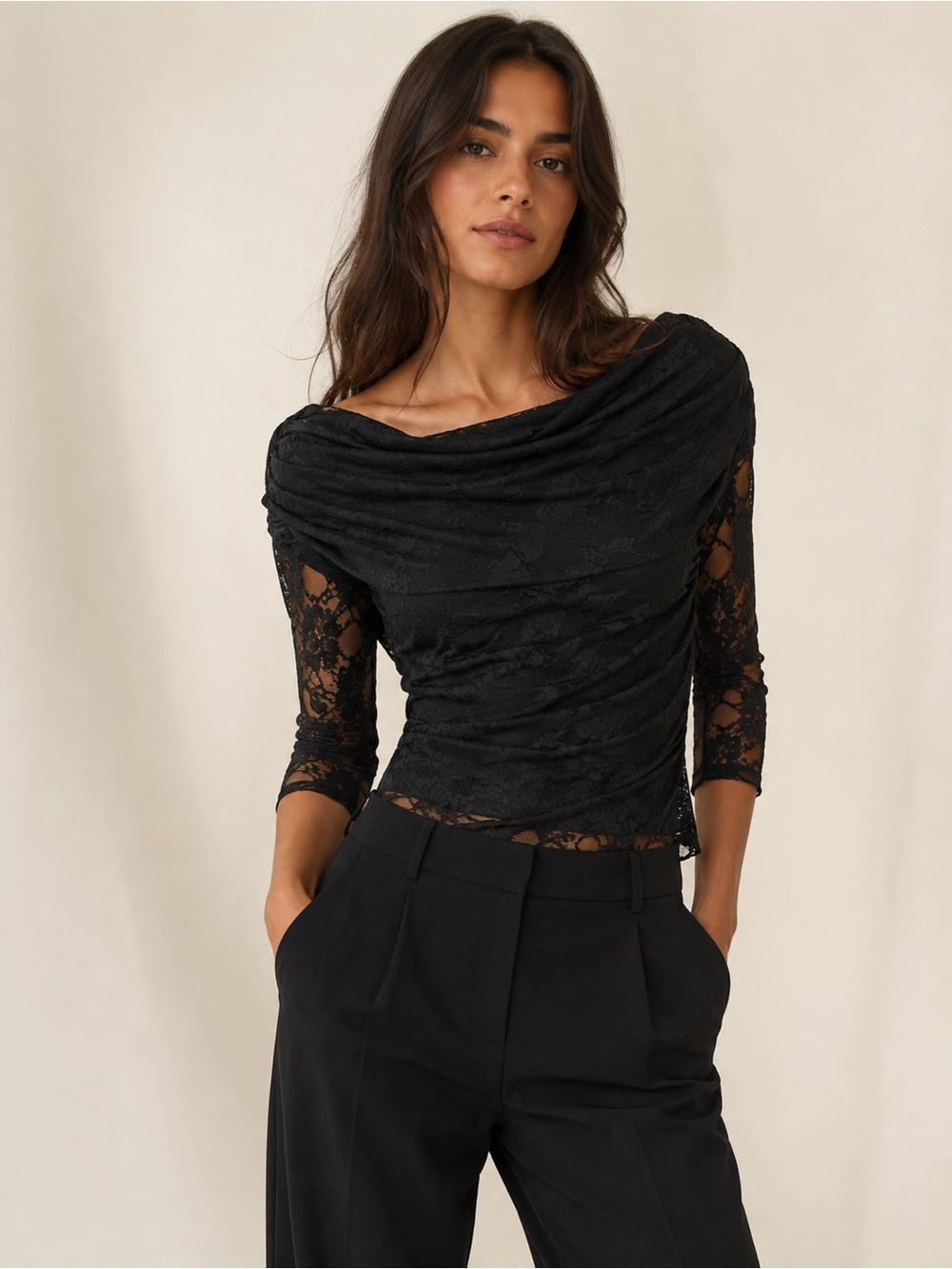 Zara Black Lace Draped Neck Blouse